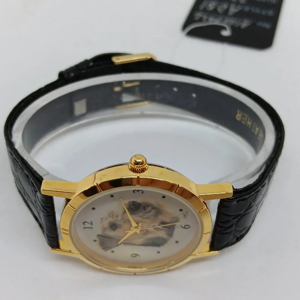 Airedale Terrier 33mm Women's Gold Tone Black Leather Band Dog Watch